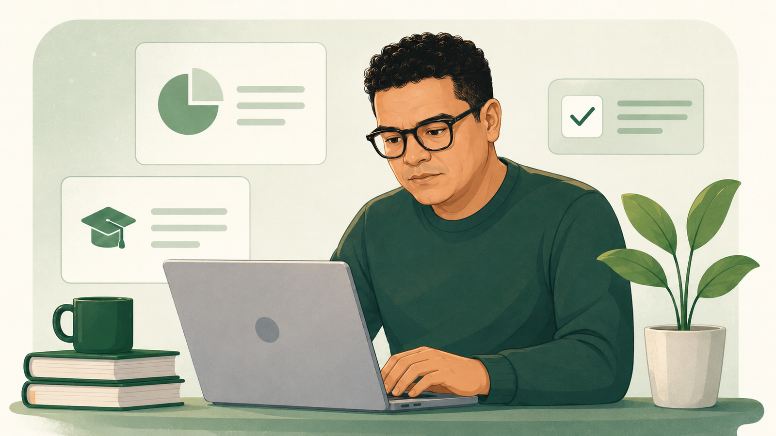 Ilustração de um professor sorridente, sentado à mesa em frente a um notebook, cercado por ícones representando gráficos, avaliações e conquistas acadêmicas.